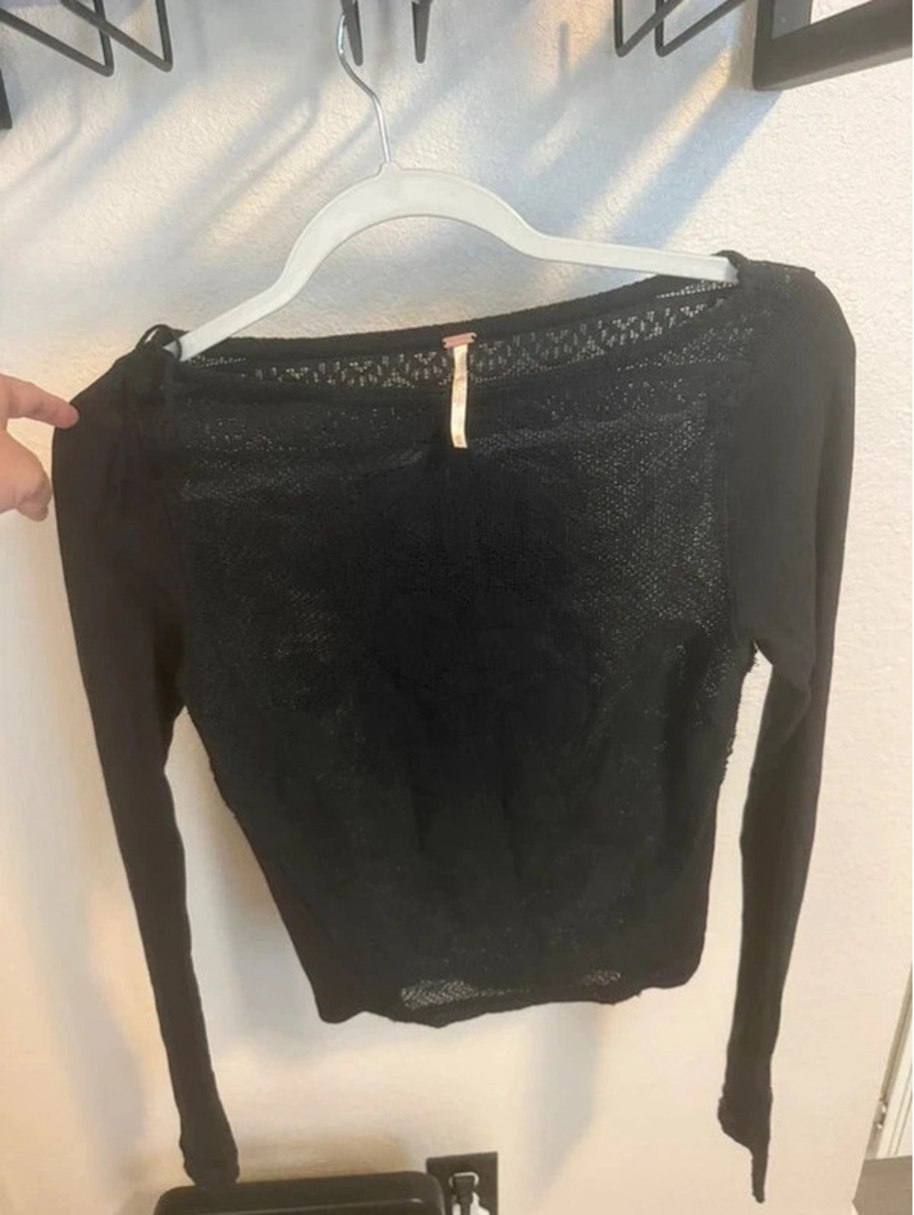 Free People Black Sheer Floral Open Knit Long Sleeve Top